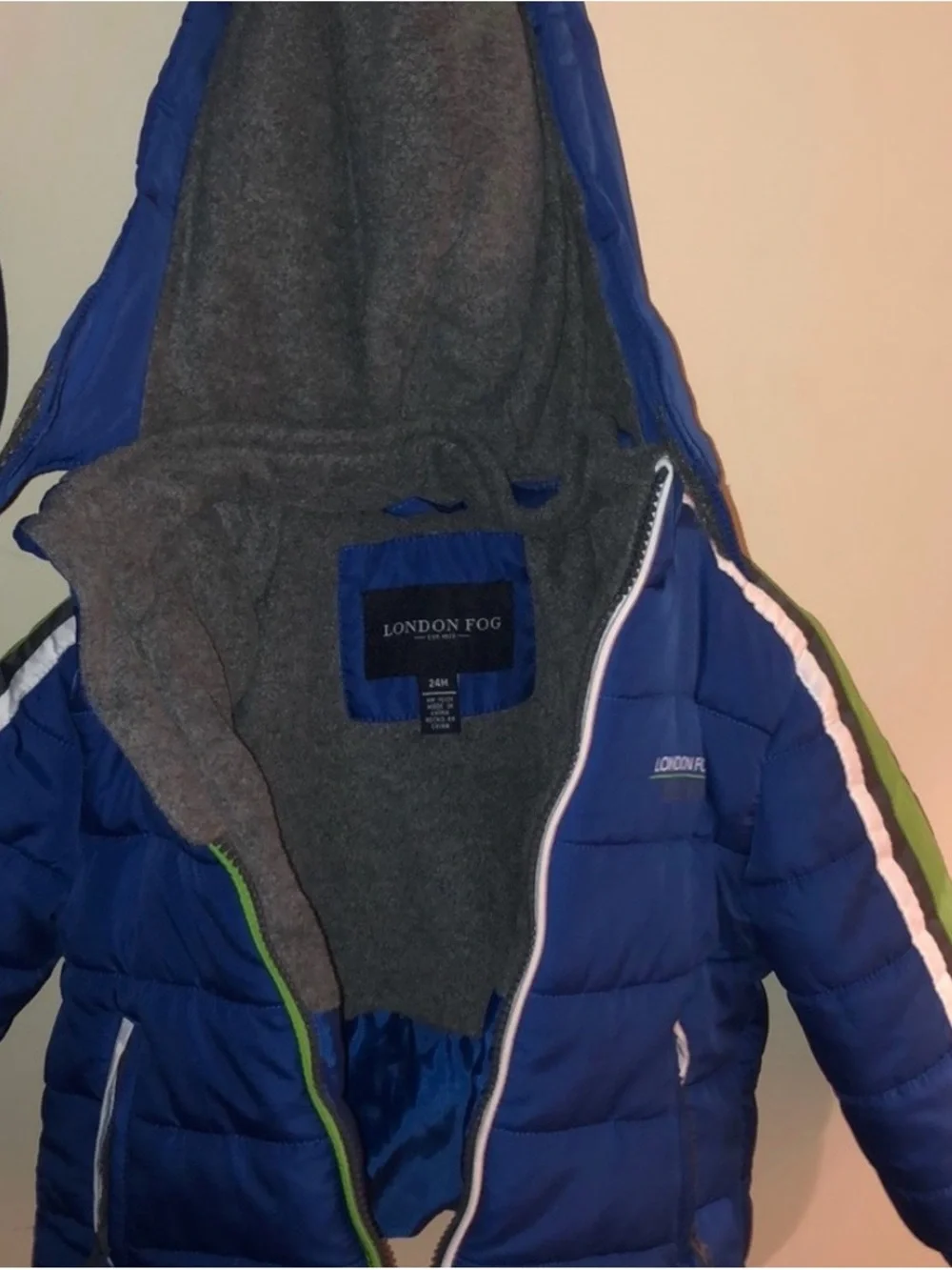 London Fog Blue Puffer Jacket with Lime Trim